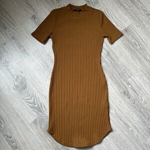 Forever 21 Tan Ribbed Curve-Hugging Mini Dress, Size S